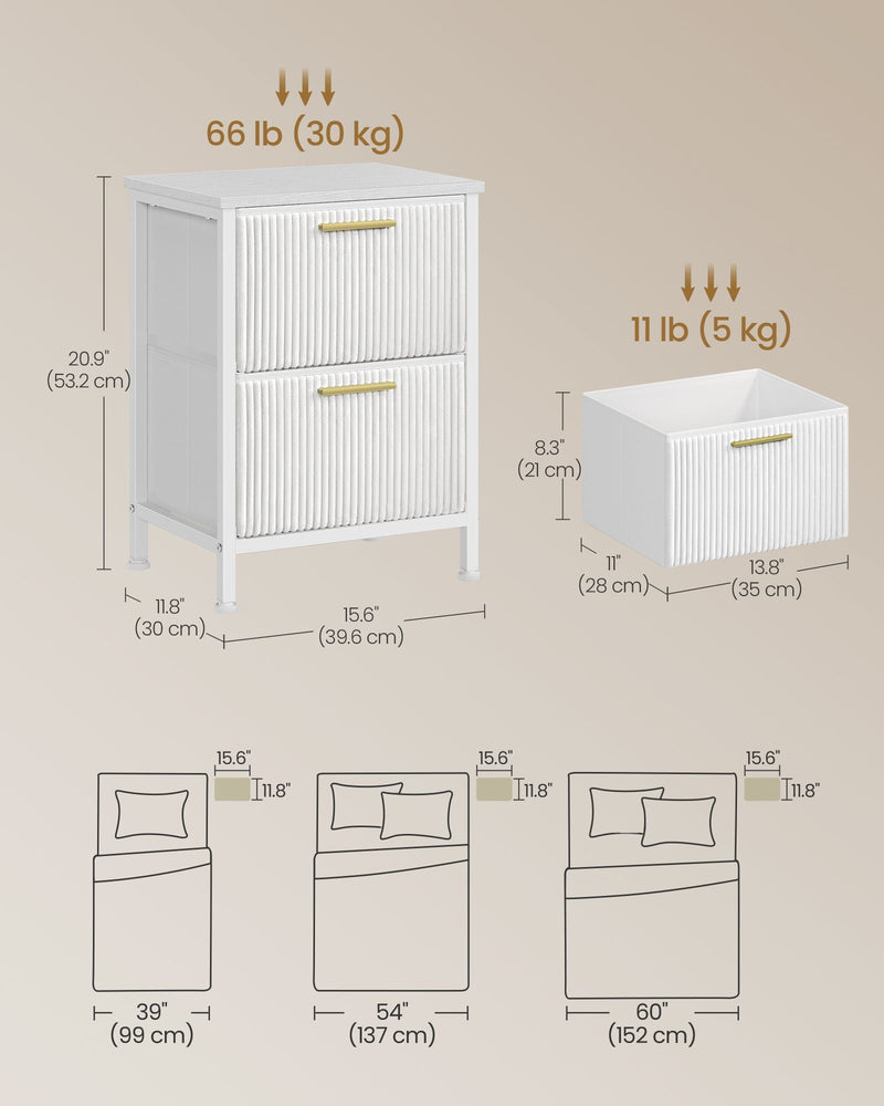 Dimensions diagram of one white bedside table at 39.6 x 30 x 53.2 cm with 30 kg and 5 kg load ratings