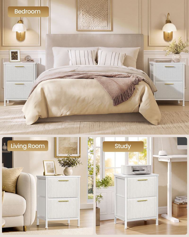 White corduroy bedside tables on both sides of a bed, in a living room and in a study