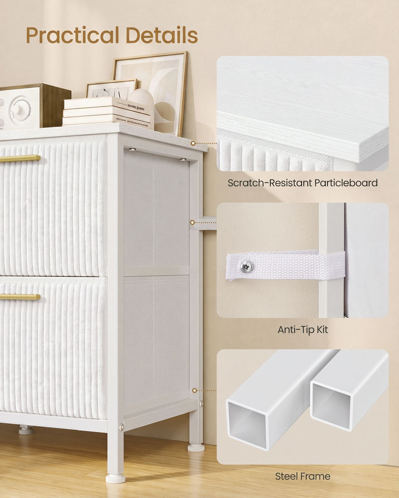 Close-ups of the particleboard tabletop, anti-tip strap and square steel frame on the white bedside table