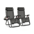 Set of 2 black zero gravity reclining chairs with clip-on side trays and headrest pillows