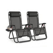 Set of 2 black zero gravity reclining chairs with clip-on side trays and headrest pillows