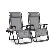 Pair of dark grey zero gravity chairs with mesh seats and sliding headrest pillows