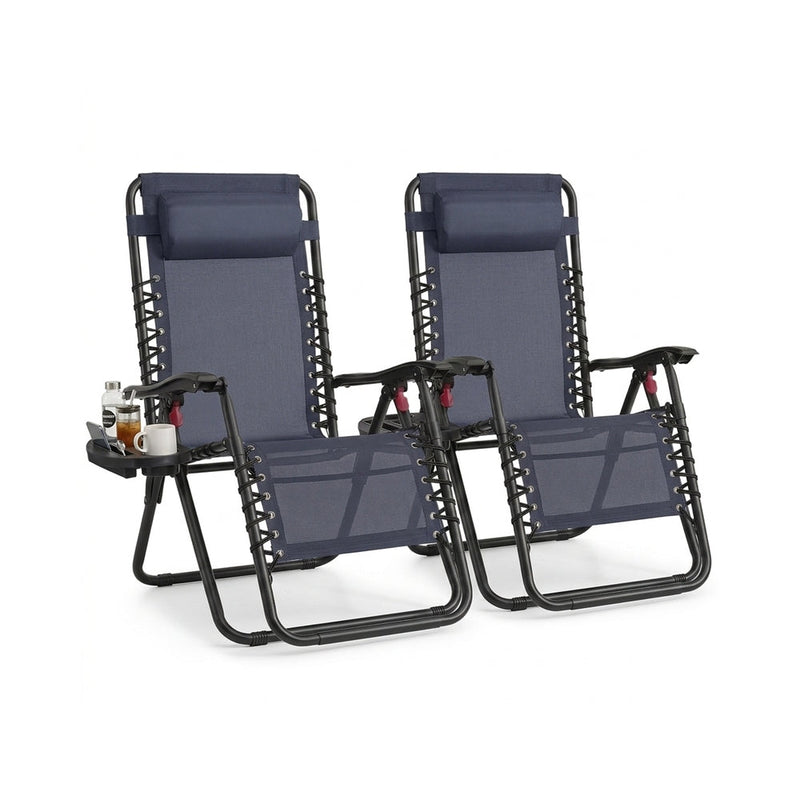 Pair of dark blue zero gravity chairs with black steel frames and cup holder trays