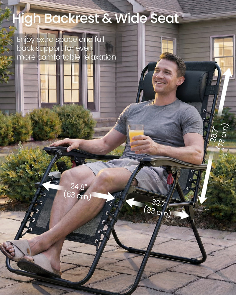 Man sitting in the chair in a garden with the 63 cm width and 83 cm depth labelled