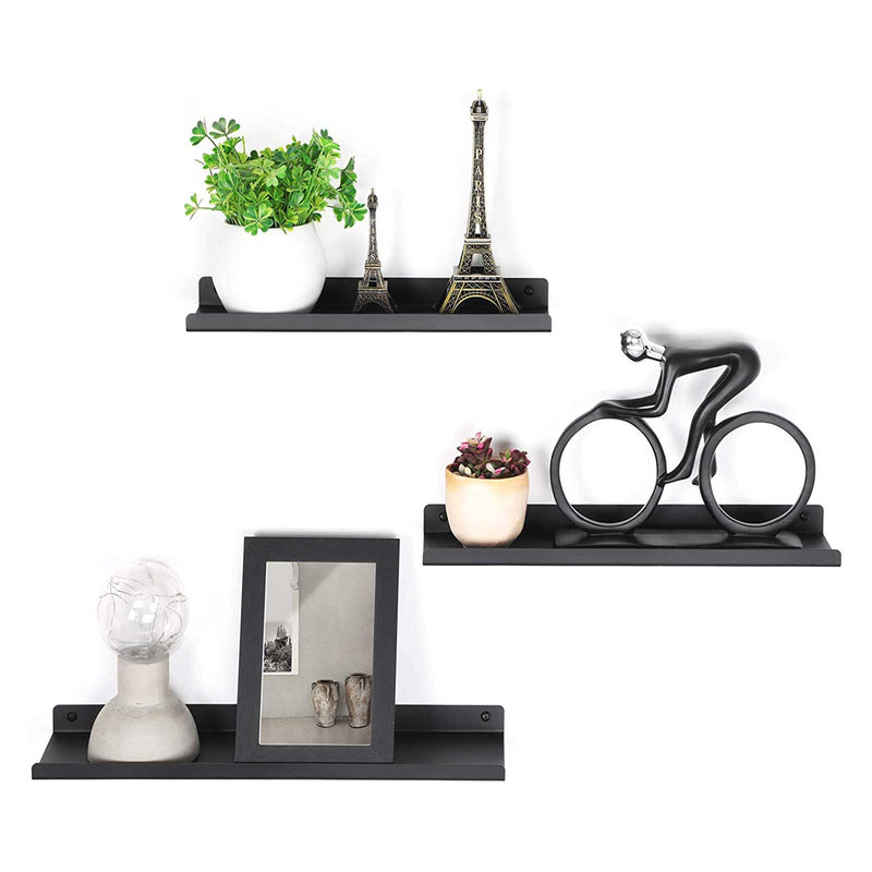 Black wall shelves displaying a potted plant, ornaments and a framed photo