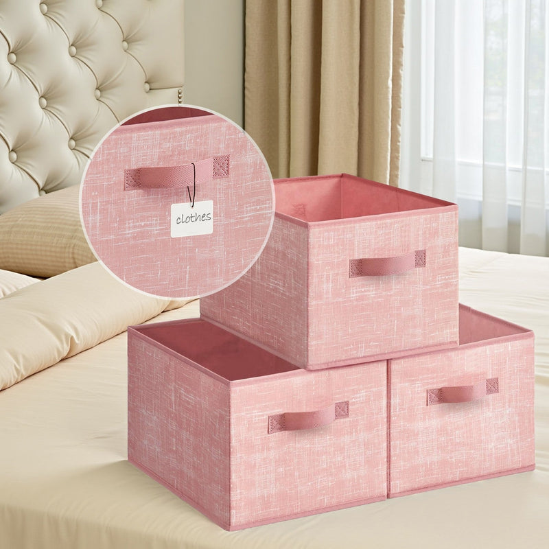 Set of 3 Jelly Pink fabric storage boxes on a bed with a close-up of the label holder card
