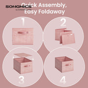 Step by step guide showing how to unfold and fold away the Songmics fabric storage box