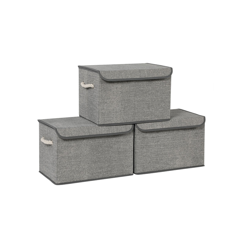 Set of 3 grey fabric storage boxes with lids, main product shot