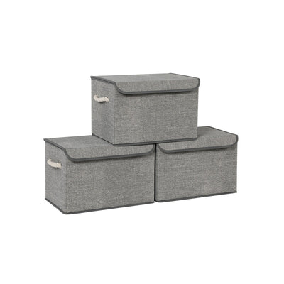 Set of 3 grey fabric storage boxes with lids, main product shot