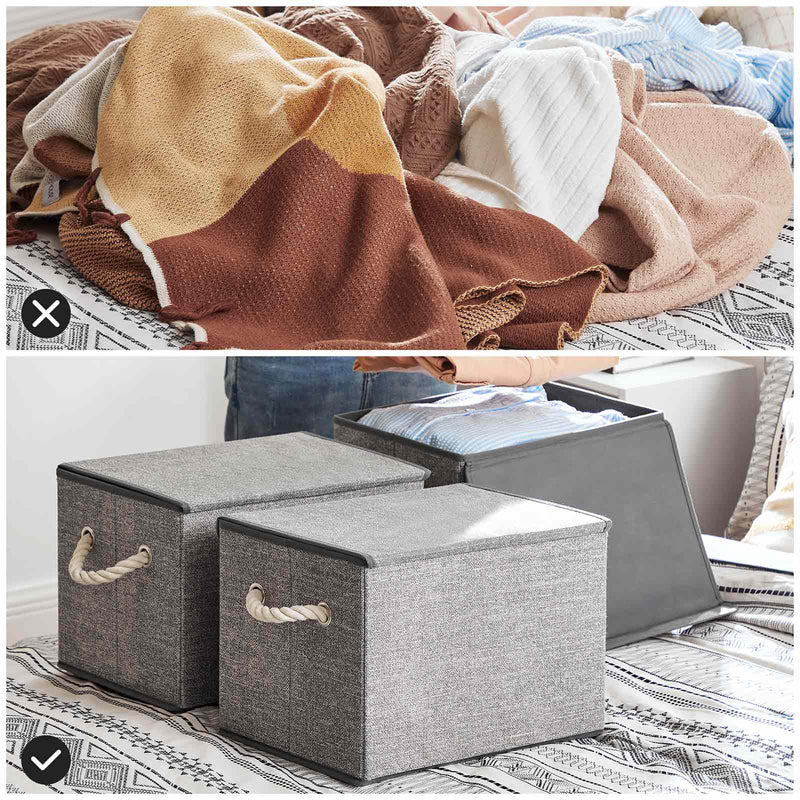 Grey fabric storage box open showing hook-and-loop lid