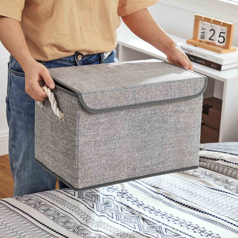Dimensions diagram for each fabric storage box, 38 x 25 x 25 cm