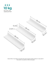 Diagram showing each shelf at 38 cm long, 10 cm deep, 5 cm high and 10 kg load