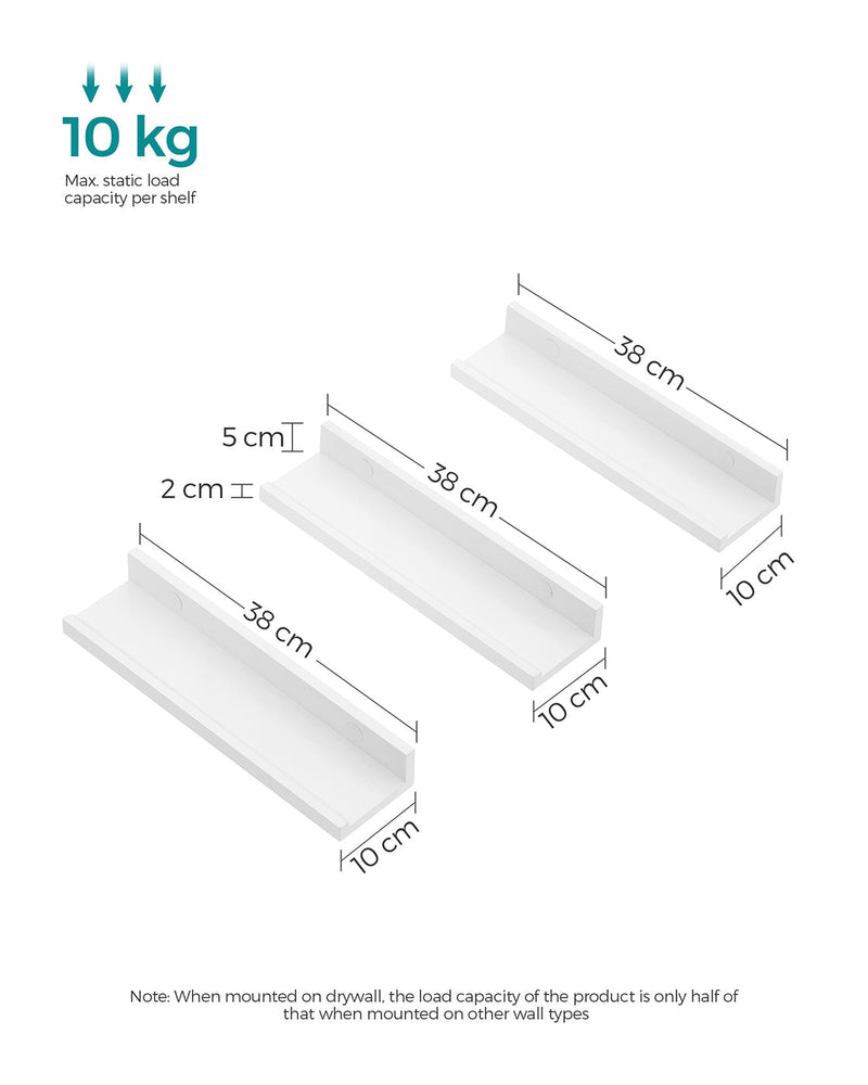 Diagram showing each shelf at 38 cm long, 10 cm deep, 5 cm high and 10 kg load