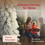 Flame-retardant graphic over flocked branches with a family by the trees