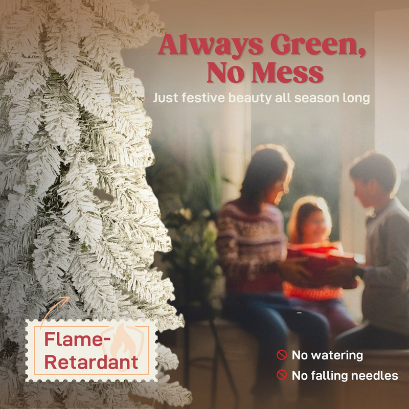 Flame-retardant graphic over flocked branches with a family by the trees