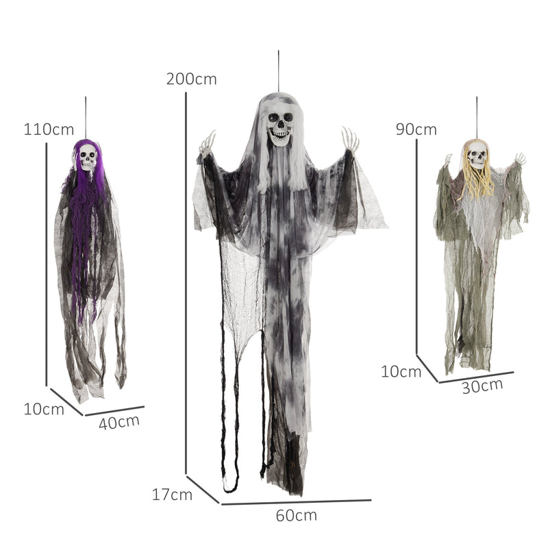 Dimension diagram of the three hanging skeletons showing 110cm, 200cm and 90cm heights