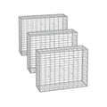 Three silver galvanised gabion cages angled in a row on a white background