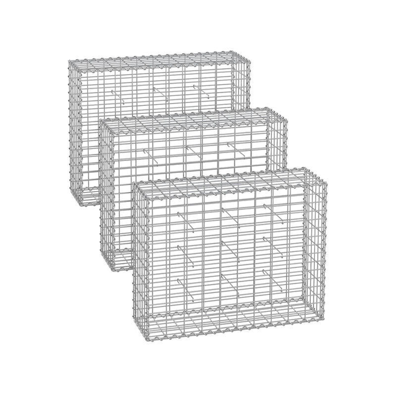 Three silver galvanised gabion cages angled in a row on a white background