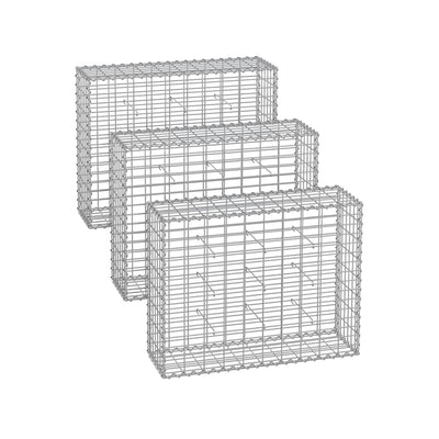 Three silver galvanised gabion cages angled in a row on a white background