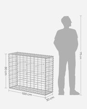 Dimensions diagram showing one gabion cage at 100 x 30 x 80 cm beside a 175 cm figure