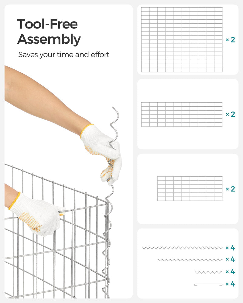 Gloved hands twisting a spiral wire to join two mesh panels, next to the panel list