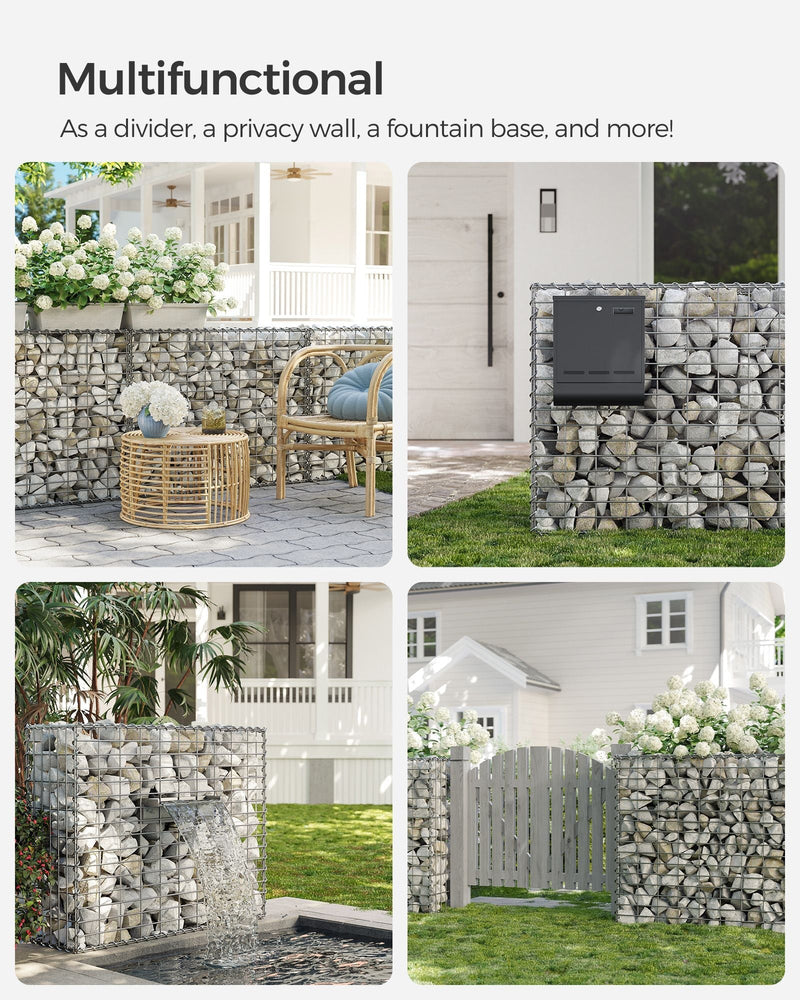 Four uses for the gabion cages: patio divider, letterbox surround, screen and planter