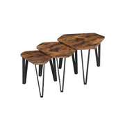 Set of 3 rustic brown hexagonal nesting tables with black metal legs on a white background