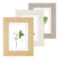 Three picture frames in light brown, white and grey wood grain finishes, each with a white photo mount