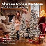 Family with a toddler beside the flocked trees, with no-mess feature callouts