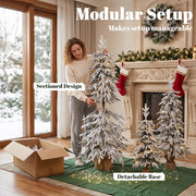 Woman assembling a sectioned flocked tree beside an open box with detachable base callout