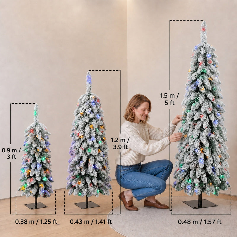 Height and diameter diagram showing 0.9 m, 1.2 m and 1.5 m trees with a woman adjusting a branch