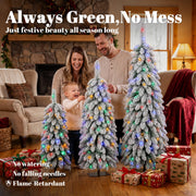 Family with a toddler beside the lit trees, with no-mess feature callouts