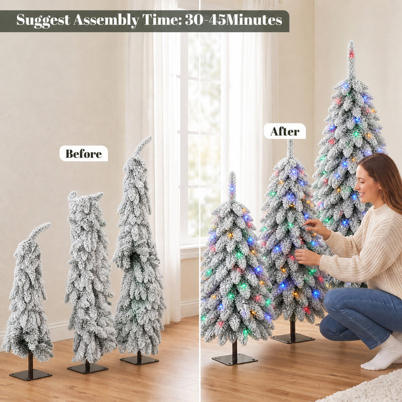 Before and after shaping of the flocked trees with a 30 to 45 minute assembly time