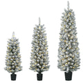 Set of 3 snow-flocked pre-lit Christmas trees in black pots on a white background
