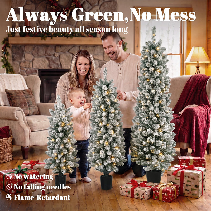 Family with a toddler beside the three flocked Christmas trees, with no-mess feature callouts