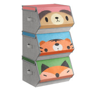Three grey Songmics toy storage boxes stacked with bear, tiger and fox fronts on a white background