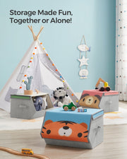 Bear, tiger and fox storage boxes spread around a playroom beside a teepee tent