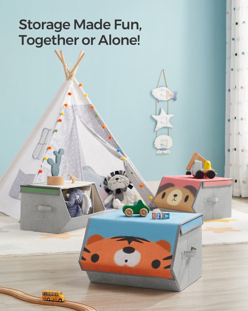 Bear, tiger and fox storage boxes spread around a playroom beside a teepee tent