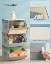 Open toy box holding soft toys and books upright, with an inset showing the sturdy steel frame