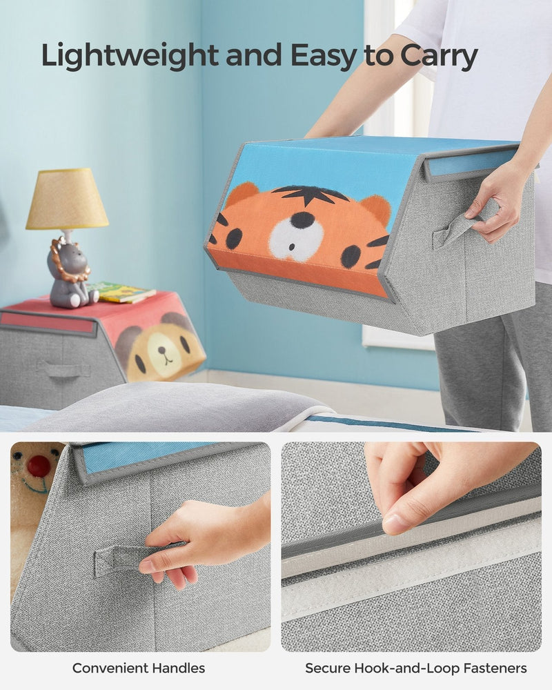 Hand lifting the tiger toy box by its side handle to show how light it is to carry