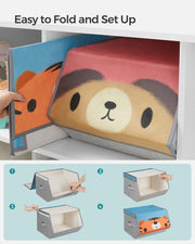 Close-up of the bear box front lid being folded down beneath a white shelf