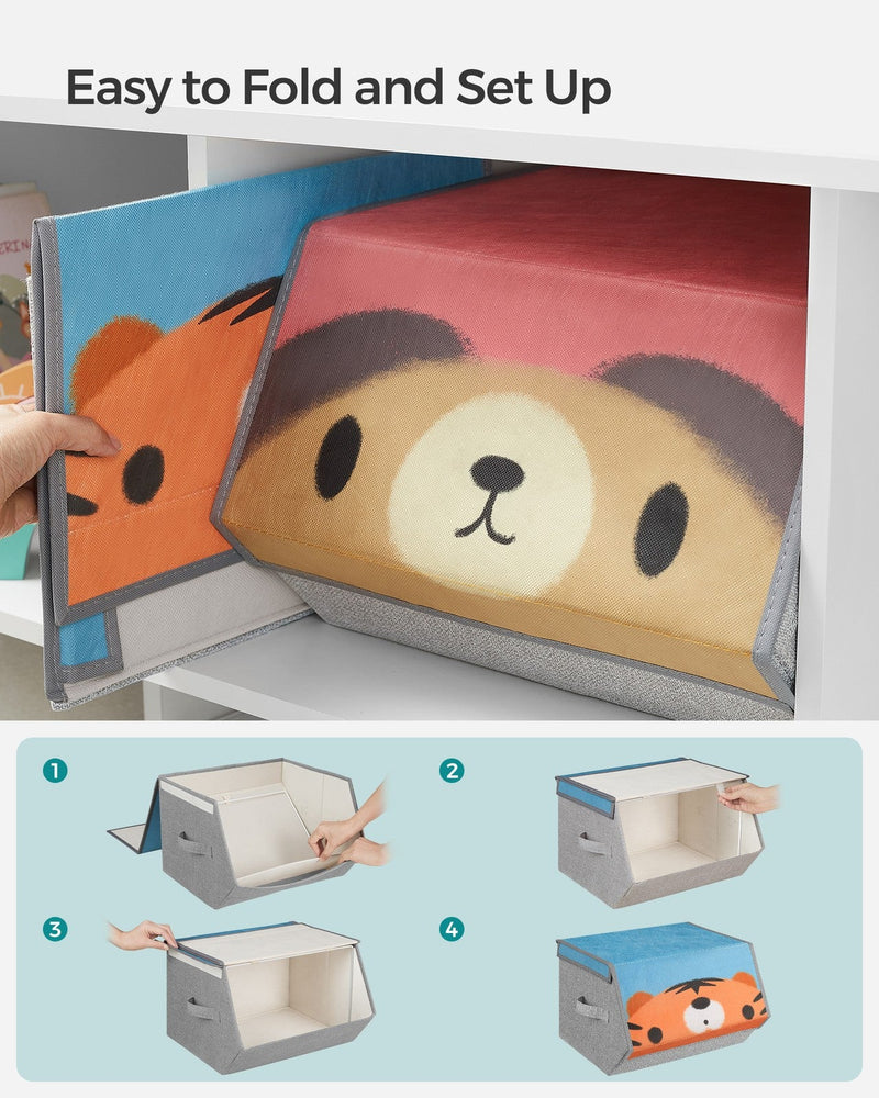 Close-up of the bear box front lid being folded down beneath a white shelf