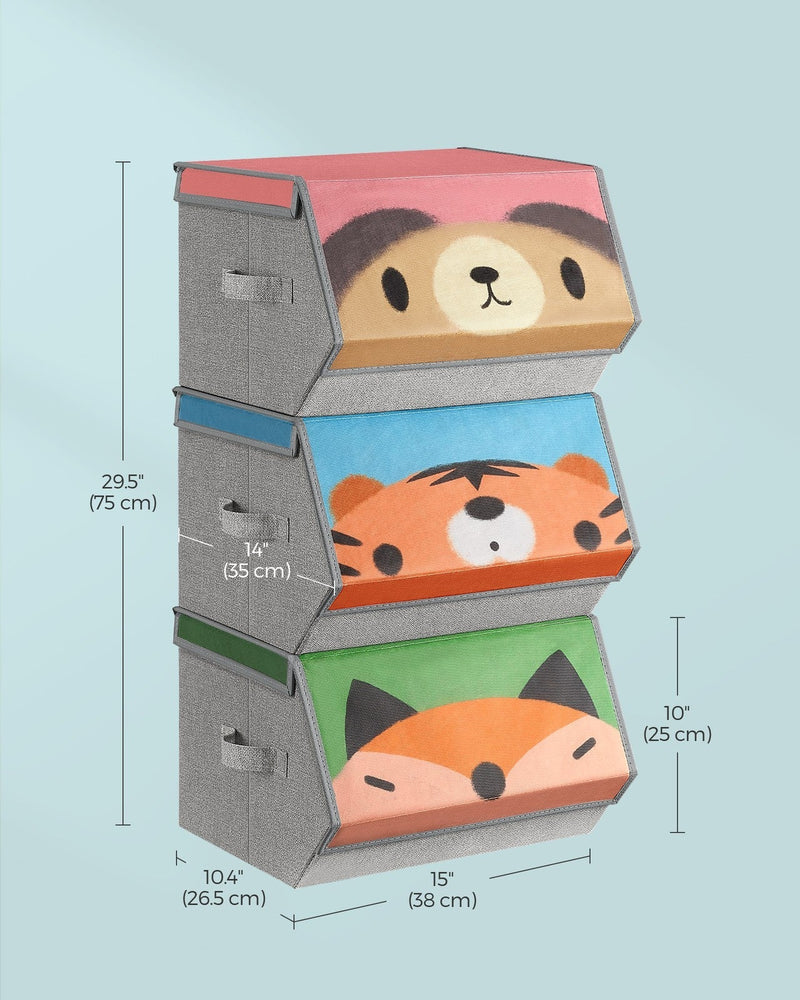 Dimensions diagram showing each box at 38 cm wide, 35 cm deep, 25 cm high and 75 cm stacked
