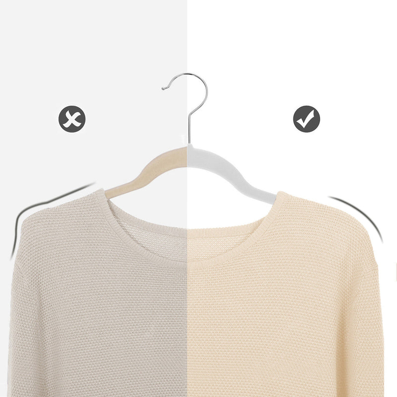 Comparison image showing a sweater staying in place on the flocked velvet hanger