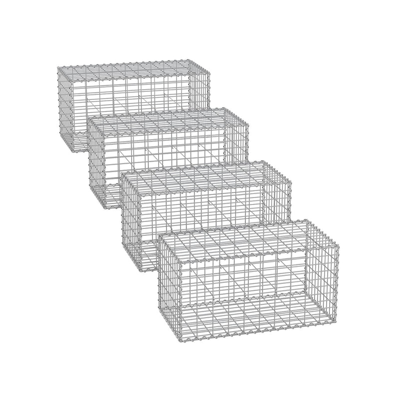 Studio shot of 4 empty galvanised steel gabion cages in a row