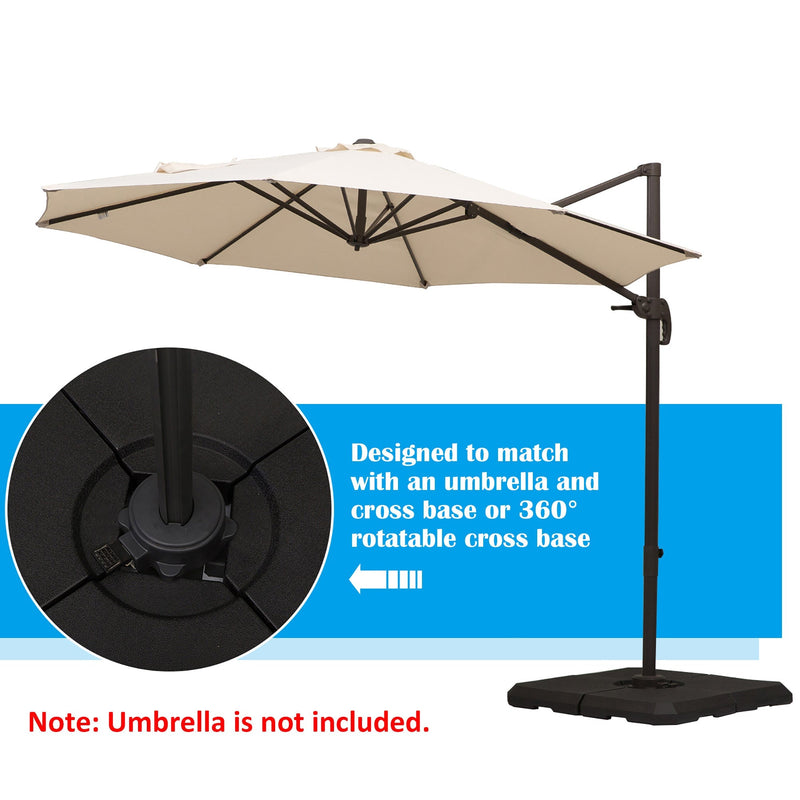 Cantilever parasol on a cross base stand, with a note that the umbrella is not included