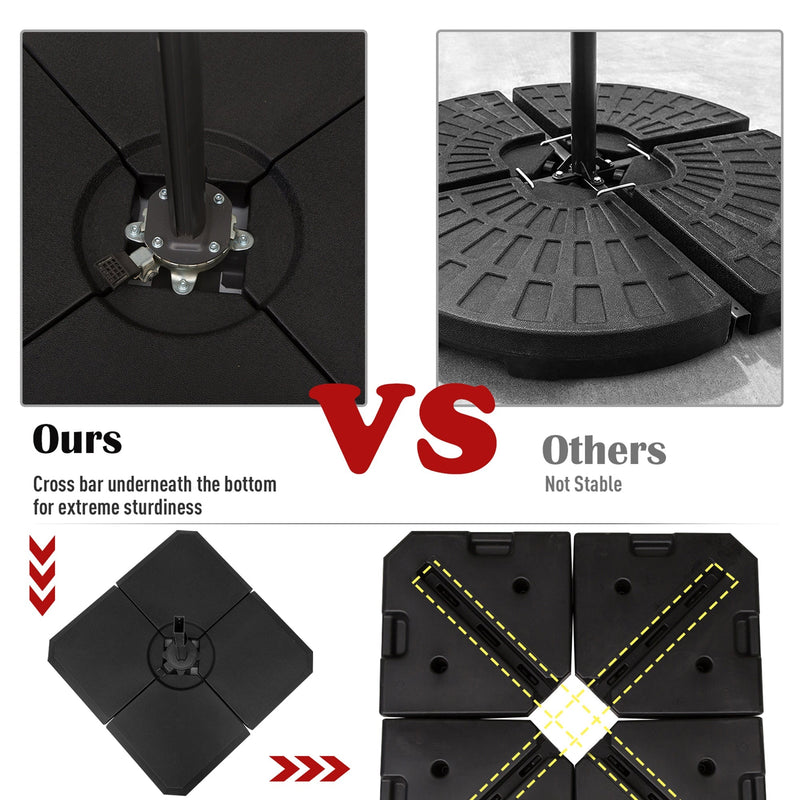 Comparison graphic showing the cross bar sitting underneath the base for added stability