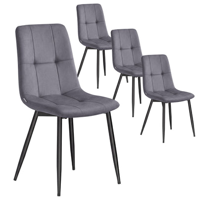 Set of 4 slate grey velvet dining chairs with steel legs, staggered studio view