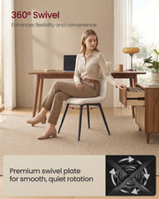 Woman seated on a swivel dining chair at a wooden desk with swivel plate close-up