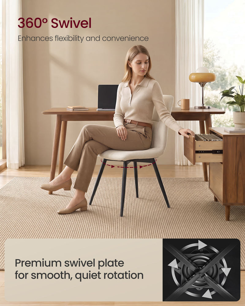 Woman seated on a swivel dining chair at a wooden desk with swivel plate close-up
